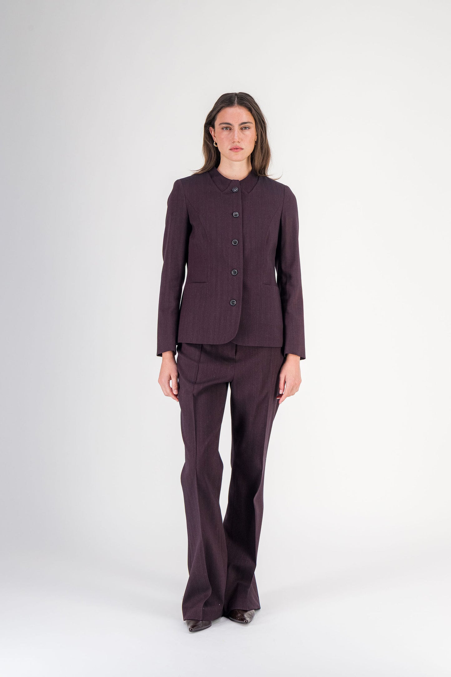Veste droite à col chemise en laine et coton grenat