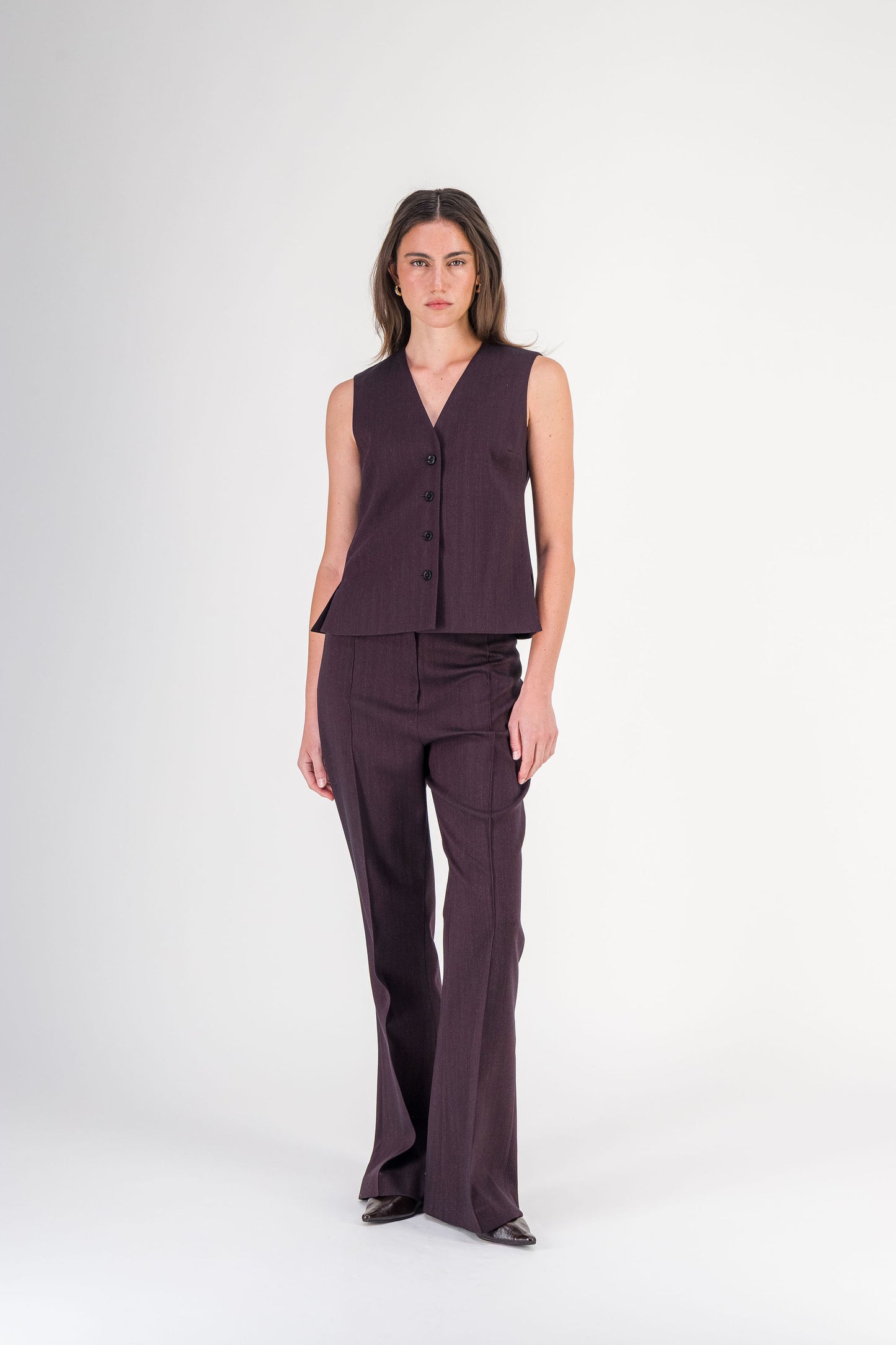 Pantalon droit à plis en laine et coton grenat