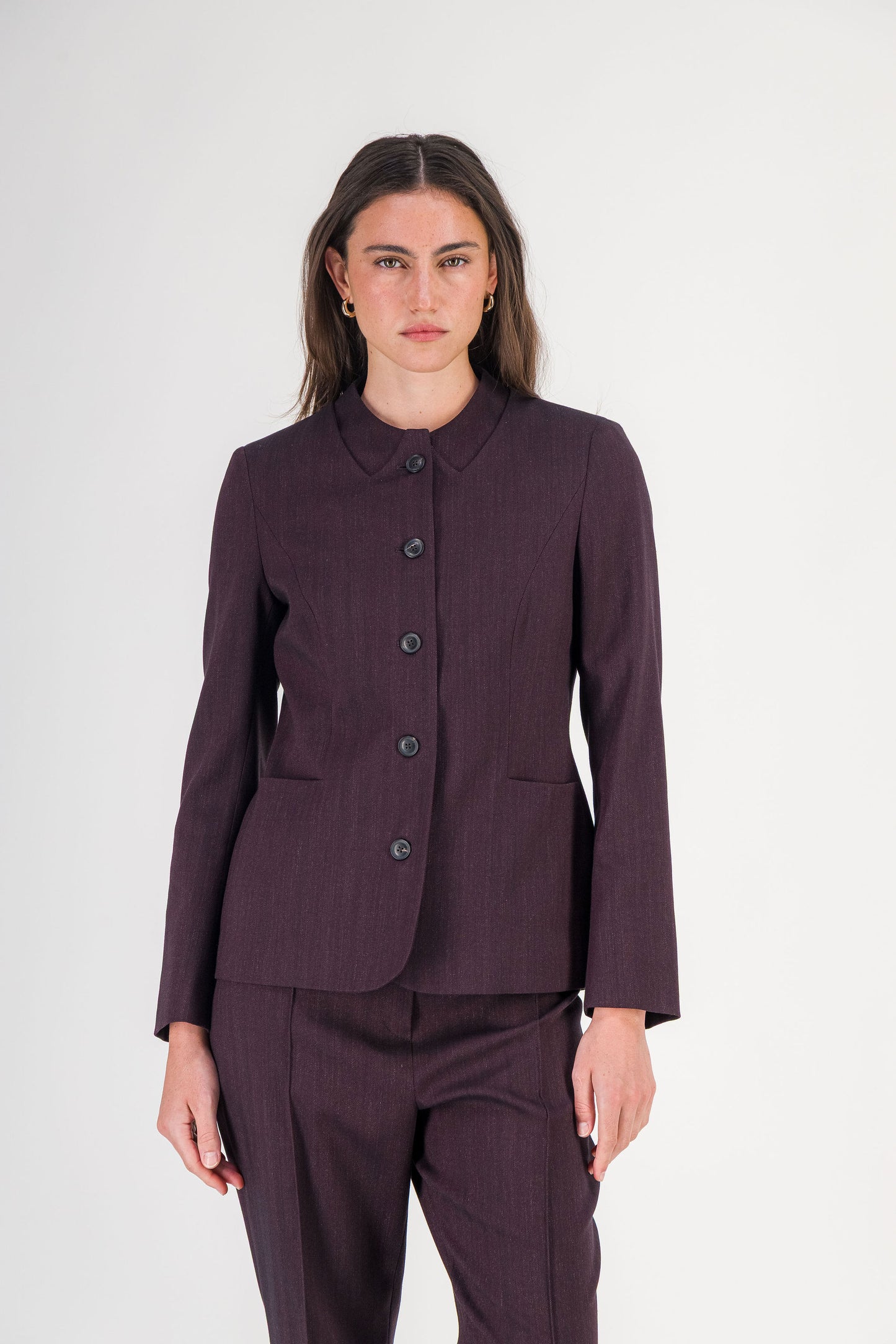 Veste droite à col chemise en laine et coton grenat