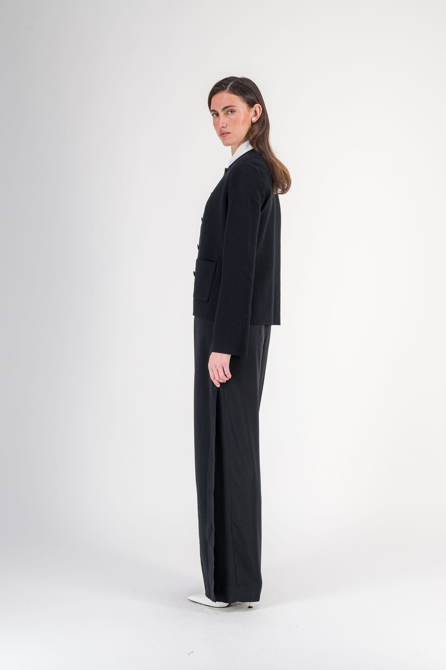 Pantalon droit taille haute à plis centraux noir