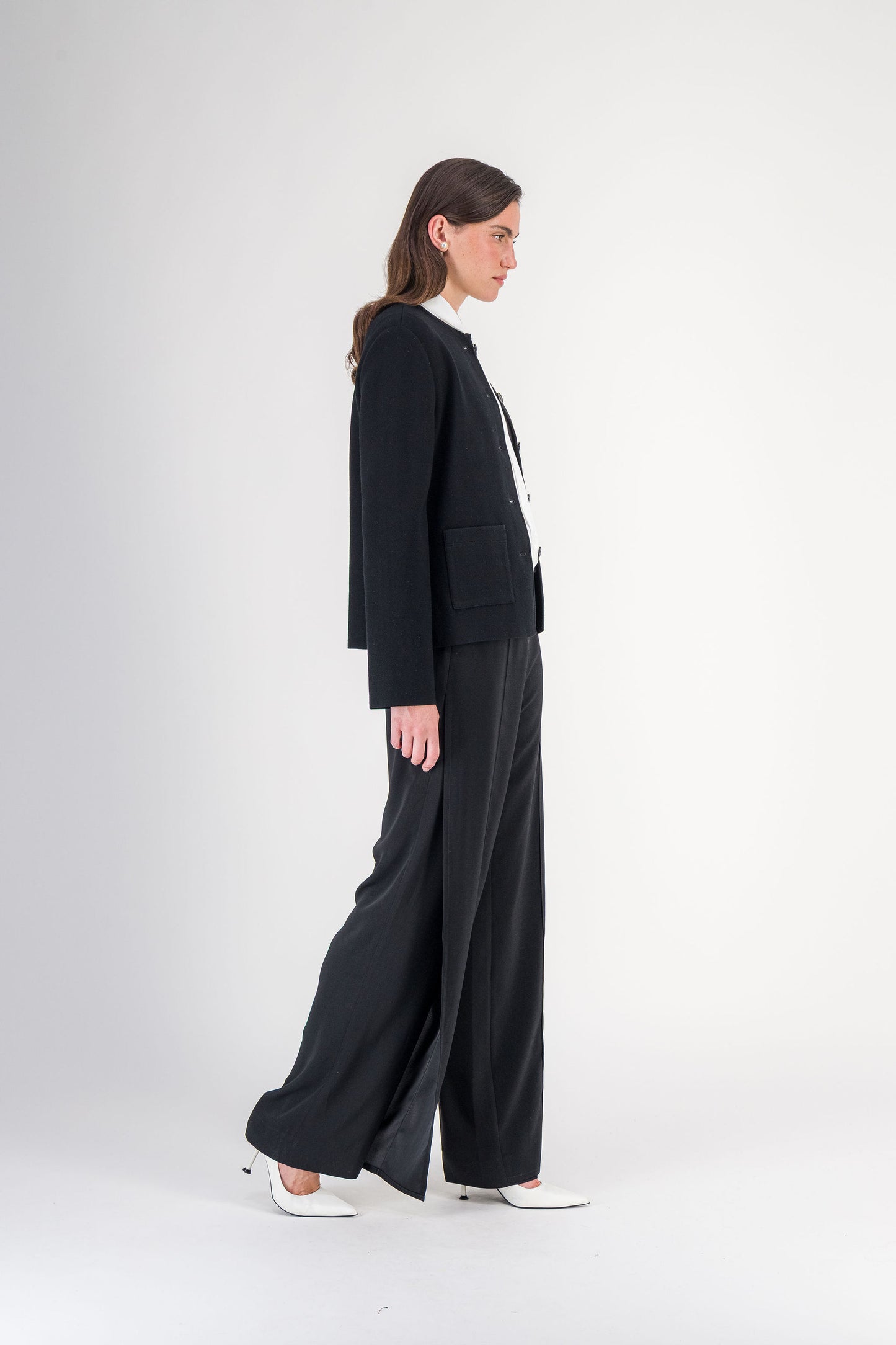 Pantalon droit taille haute à plis centraux noir
