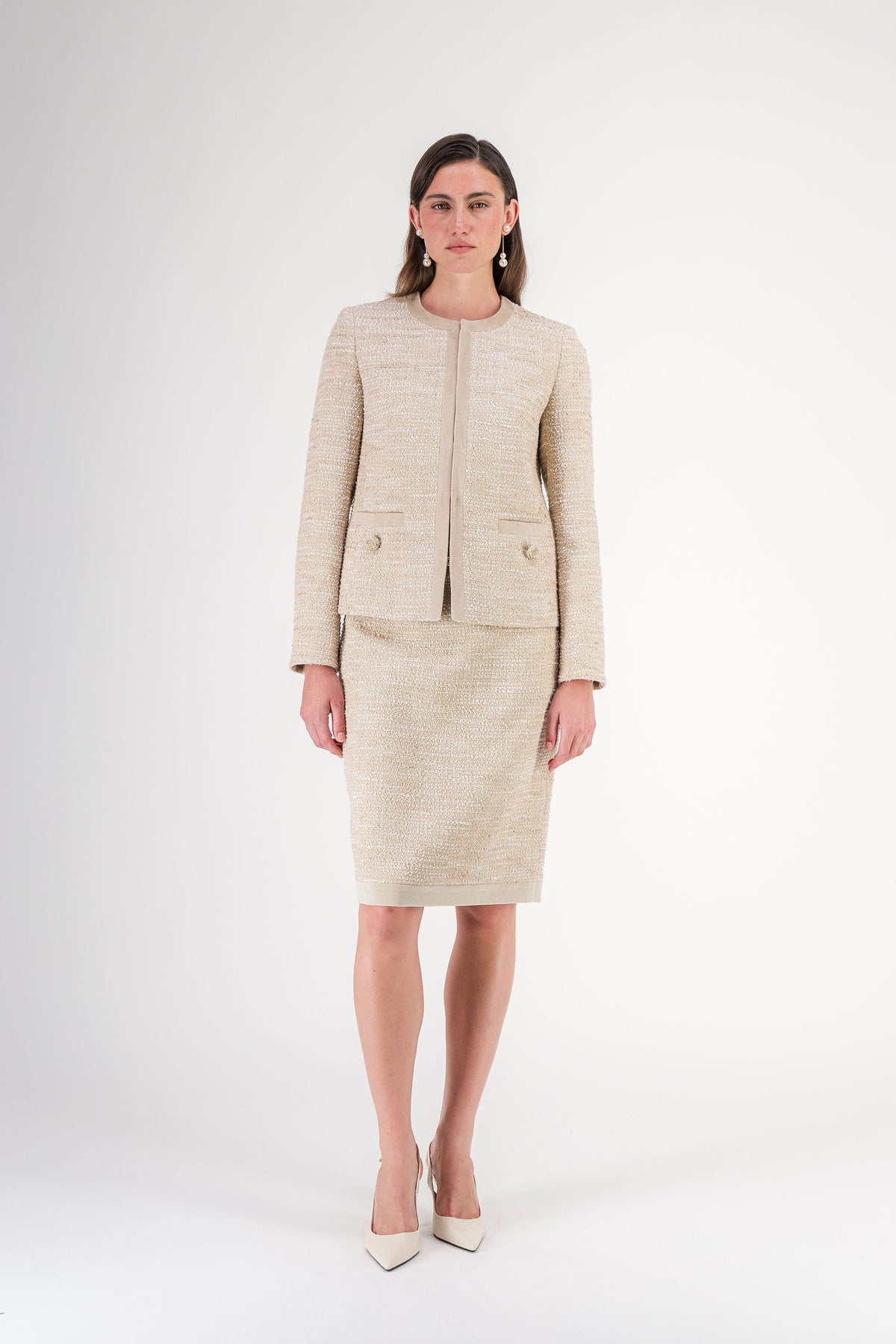 Veste droite en tweed à col rond béton