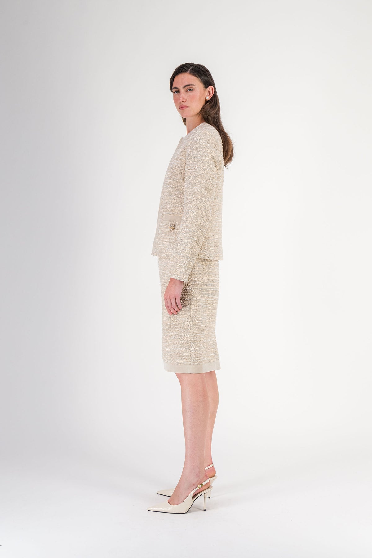 Veste droite en tweed à col rond béton