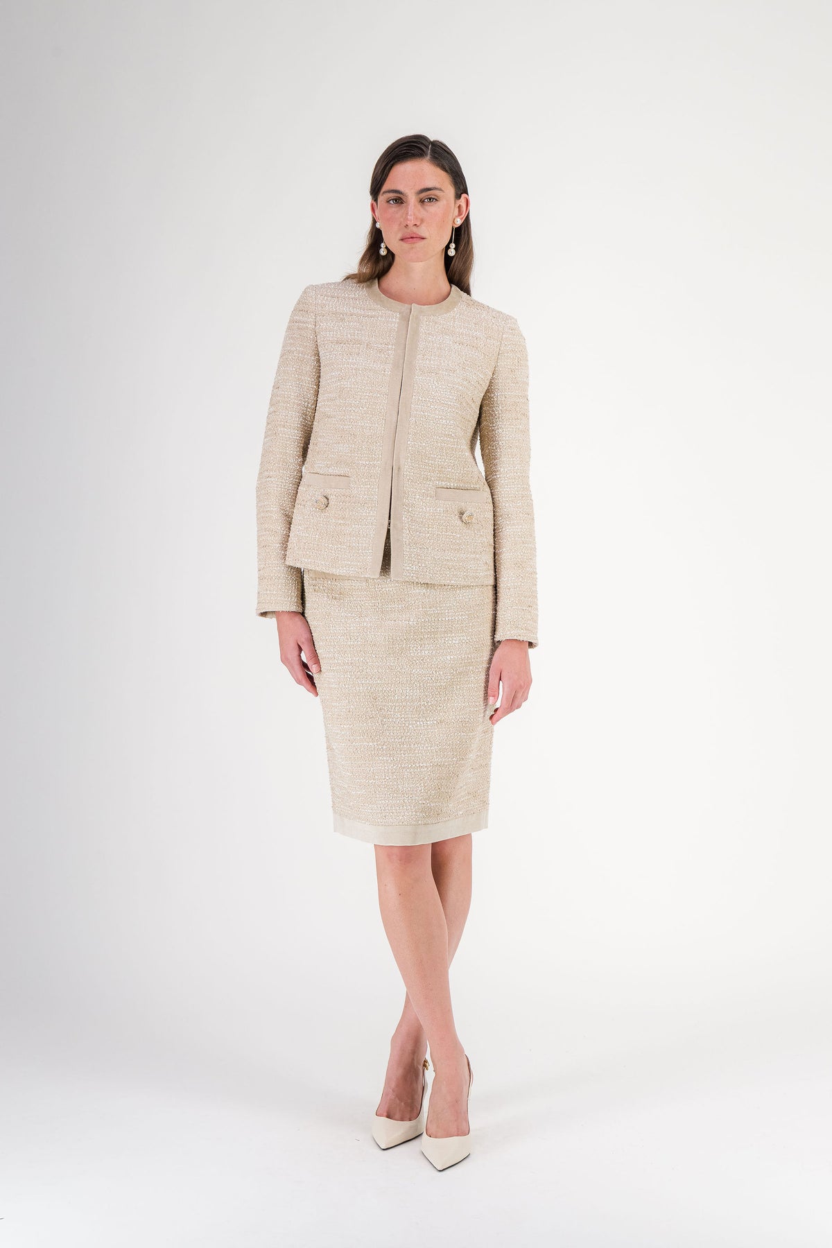 Veste droite en tweed à col rond béton