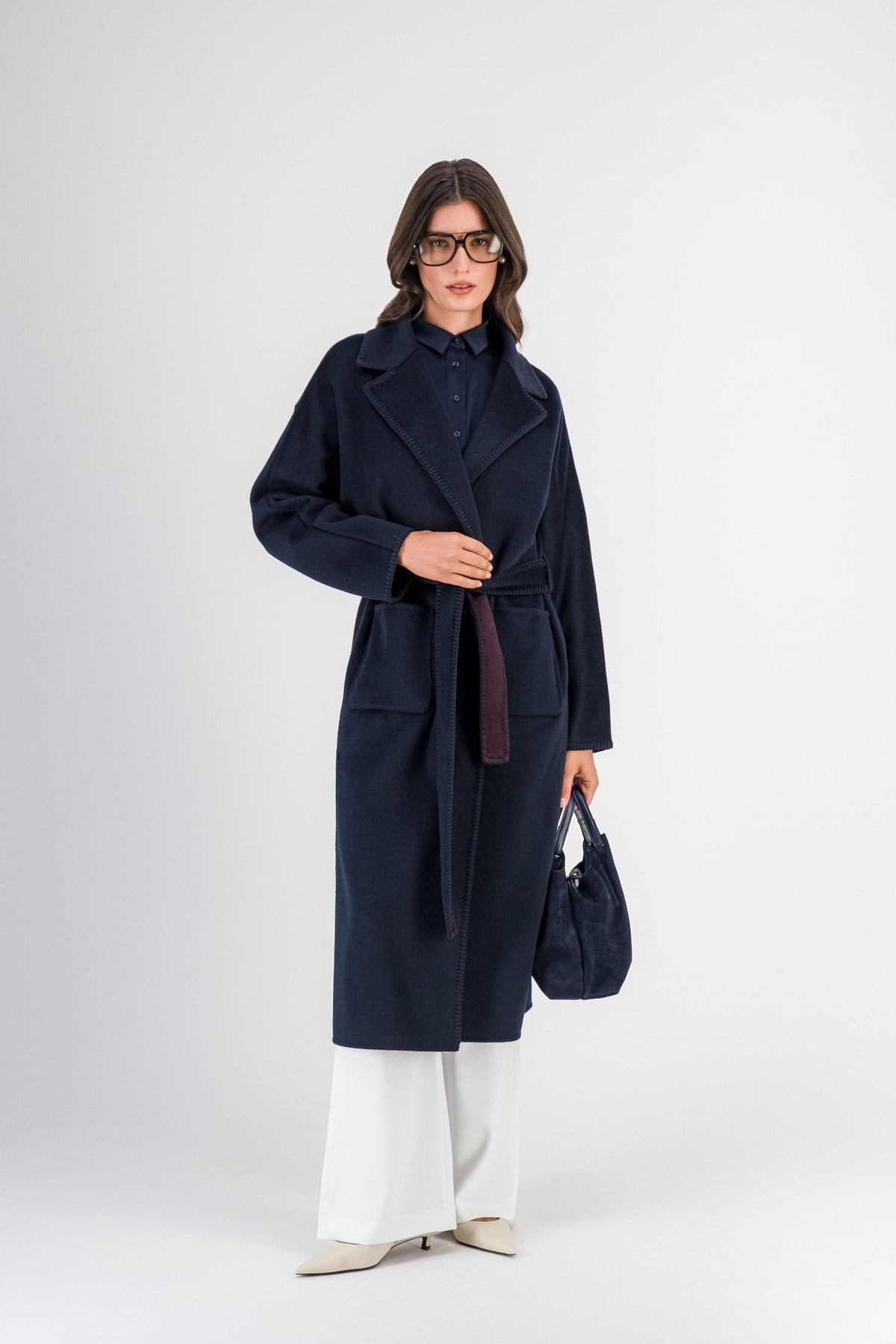 Manteau réversible en laine et cachemire marine