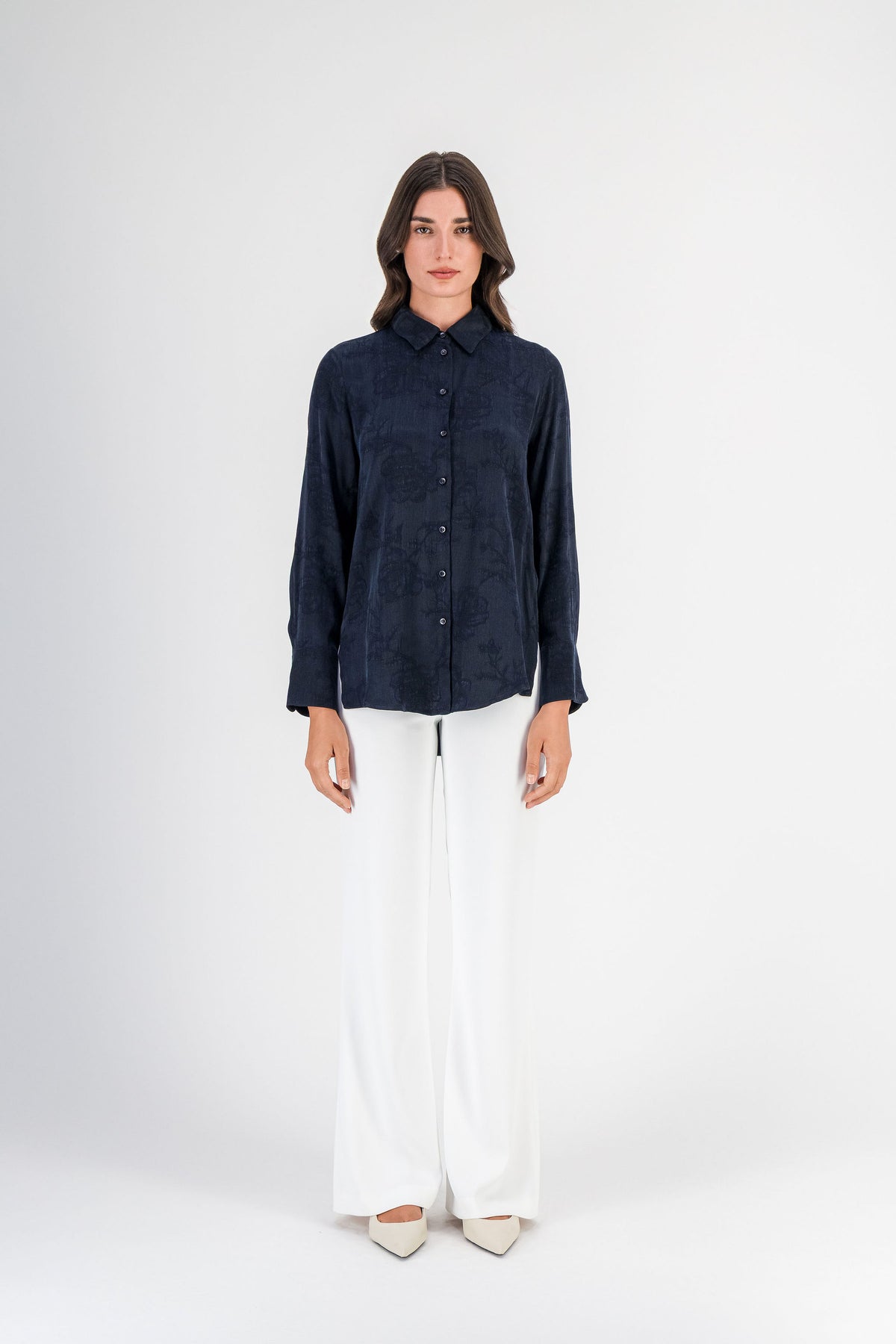 Blouse fleurie col chemise marine