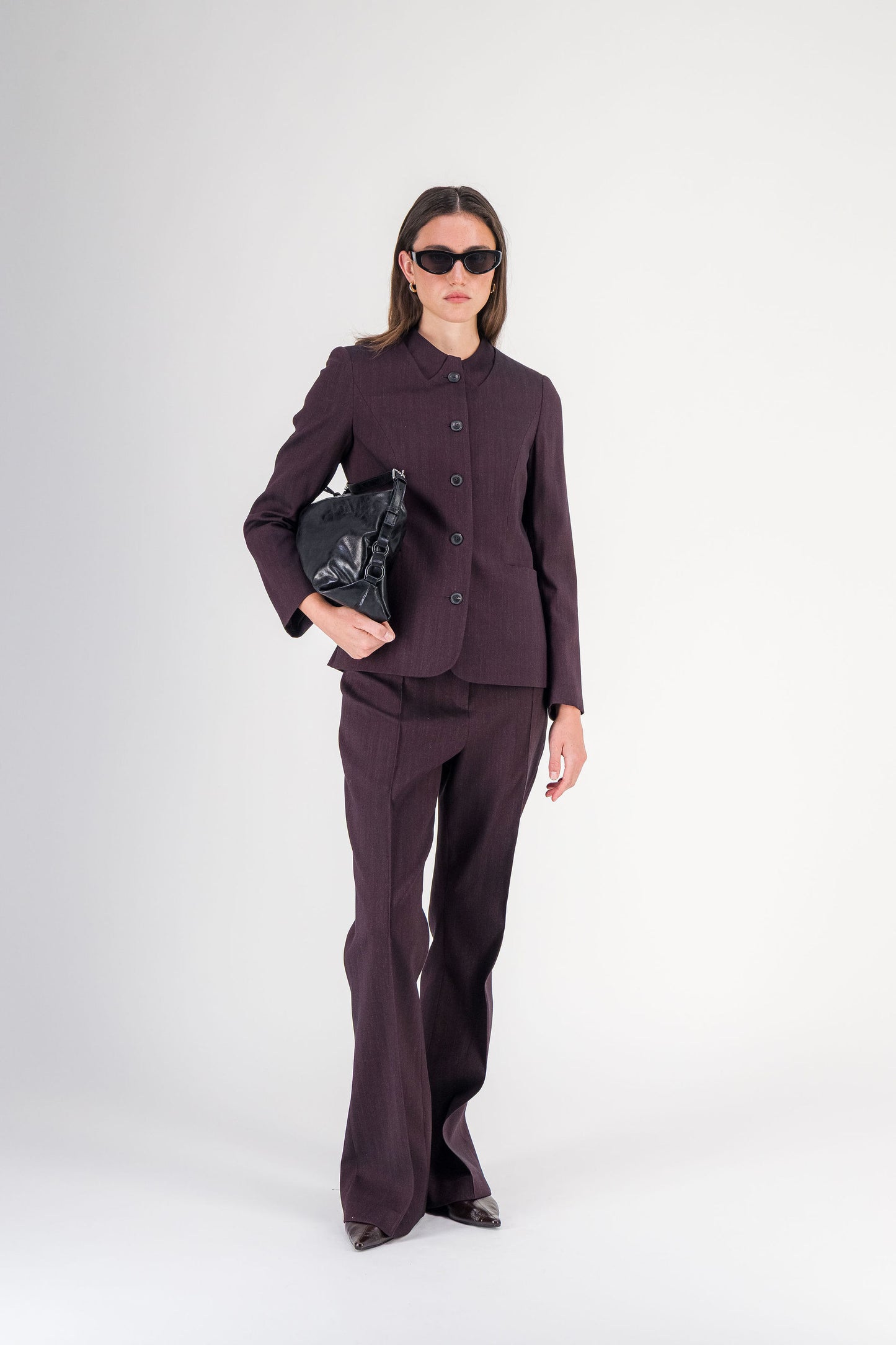 Pantalon droit à plis en laine et coton grenat
