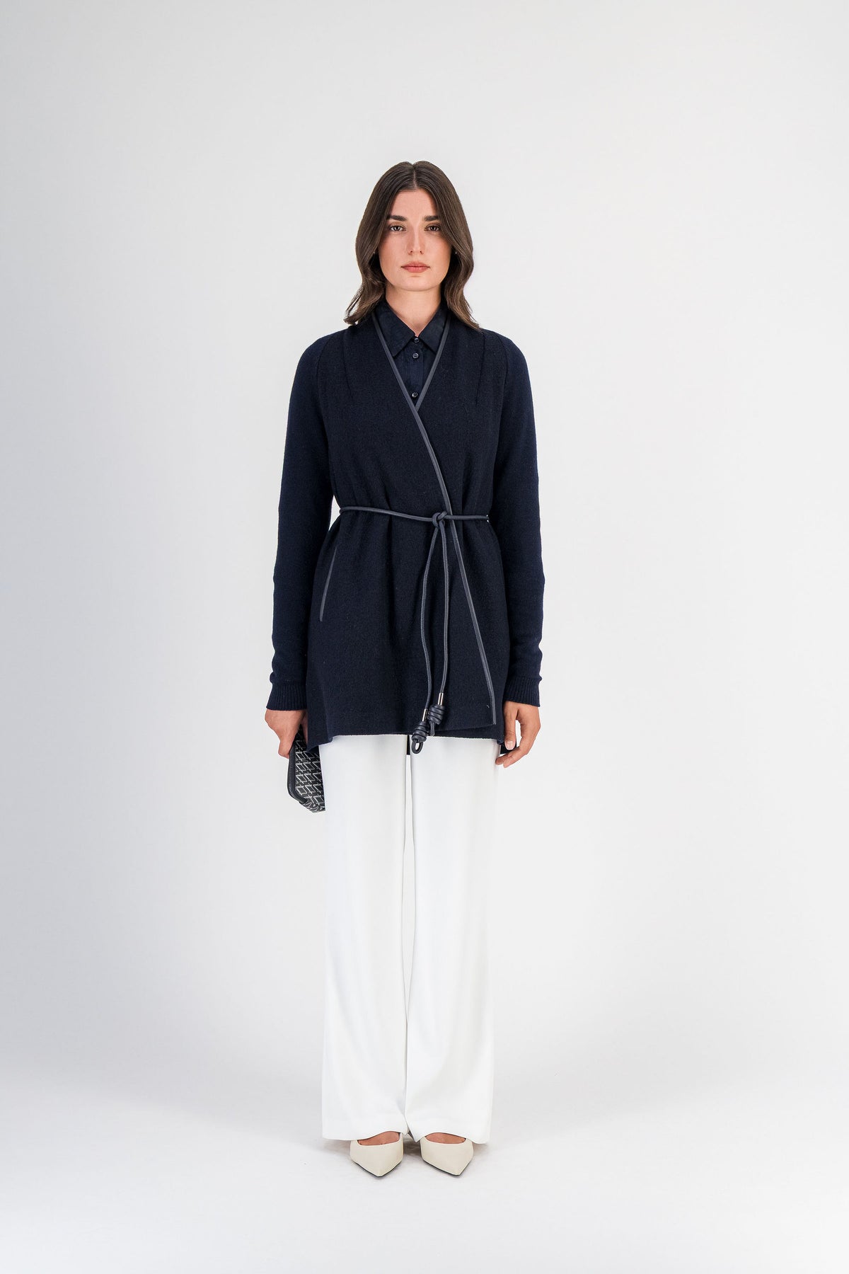 Manteau bi-matière laine bouillie et maille marine