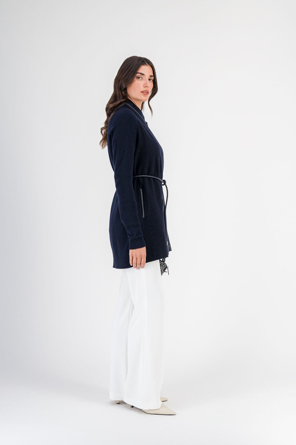 Manteau bi-matière laine bouillie et maille marine