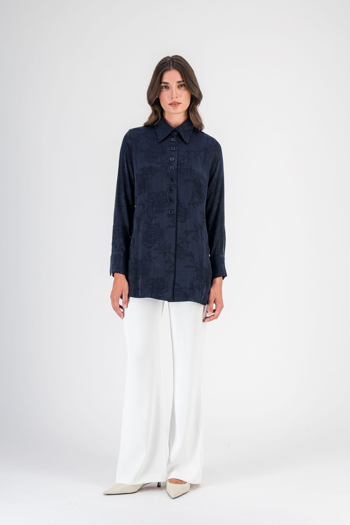 Tunique fleurie col chemise marine