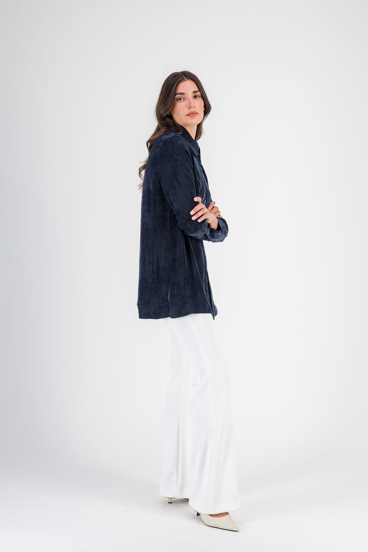 Tunique fleurie col chemise marine