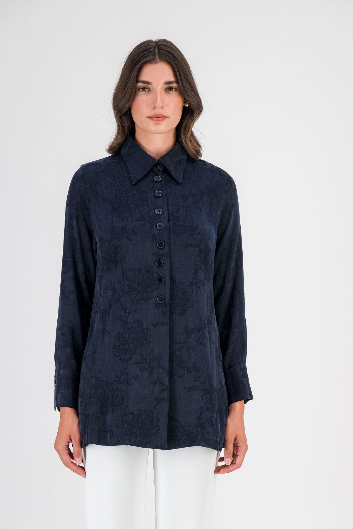 Tunique fleurie col chemise marine