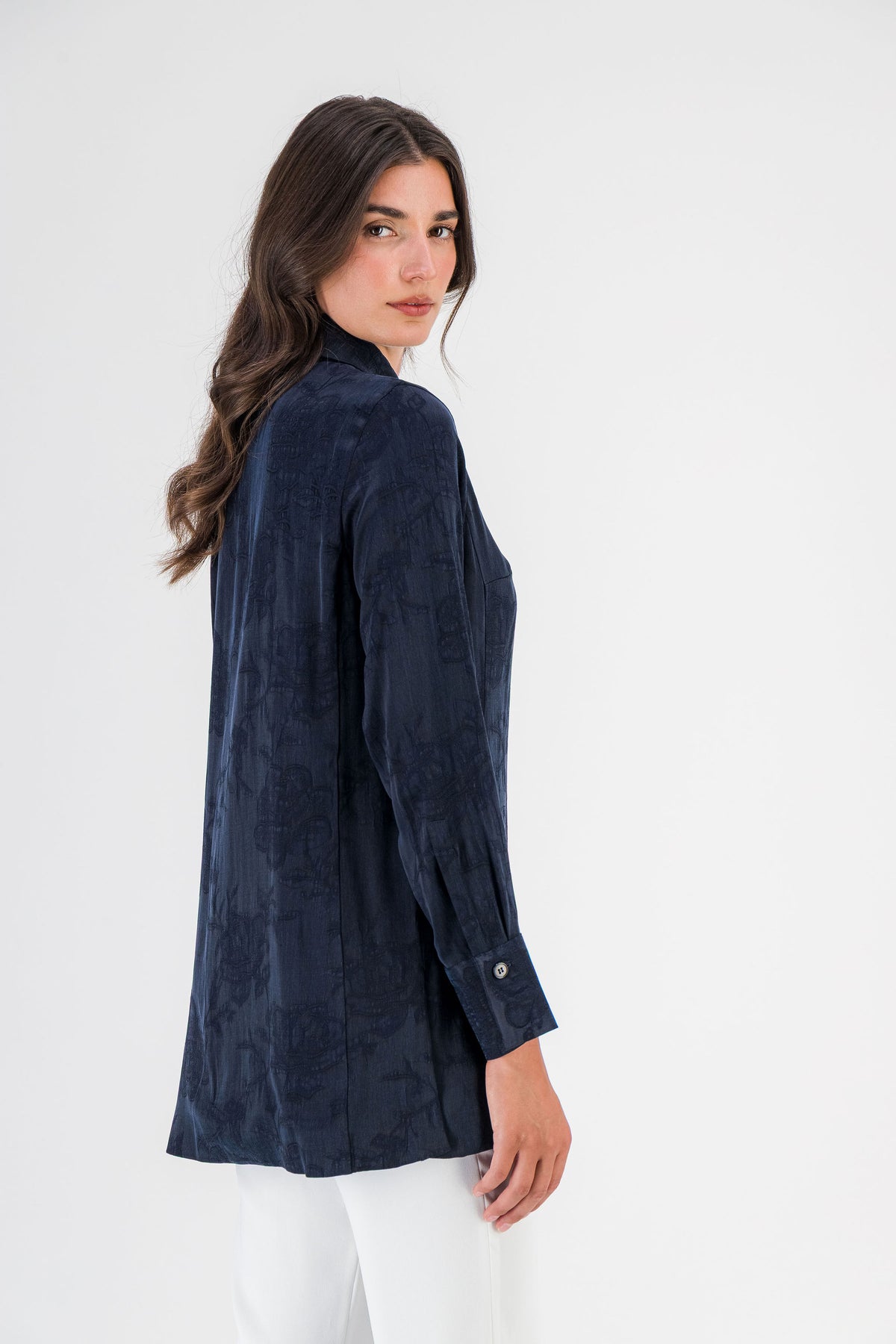 Tunique fleurie col chemise marine