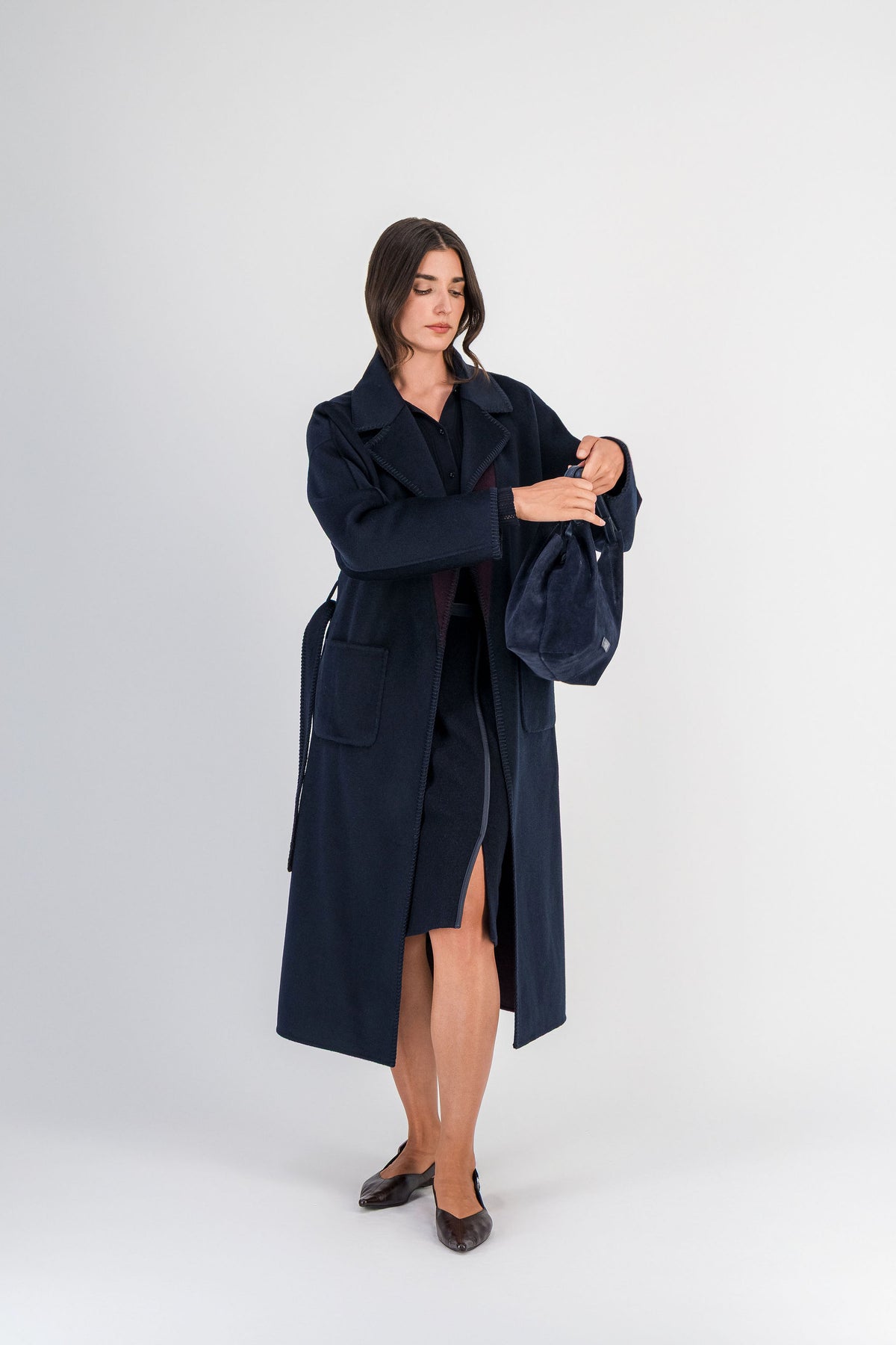 Jupe droite laine bouillie et cuir marine
