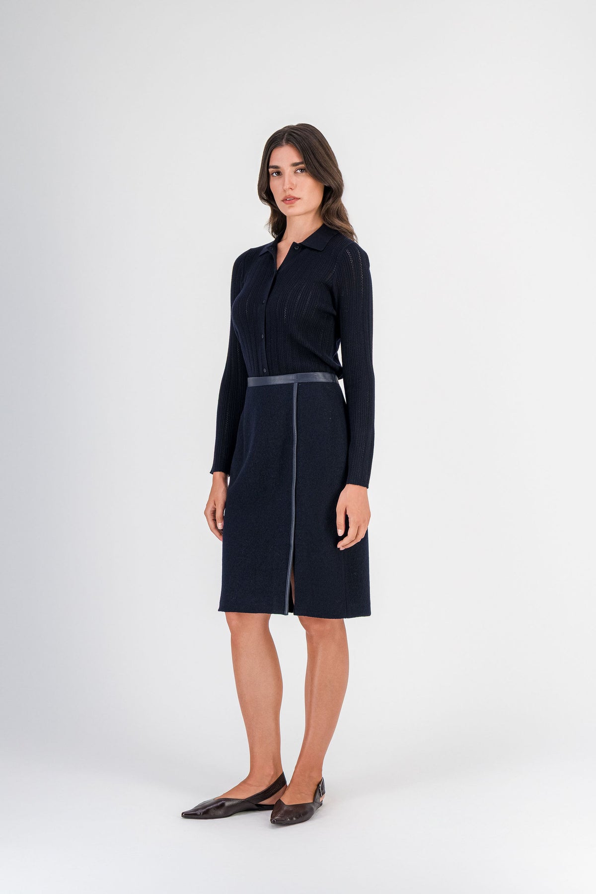 Jupe droite laine bouillie et cuir marine