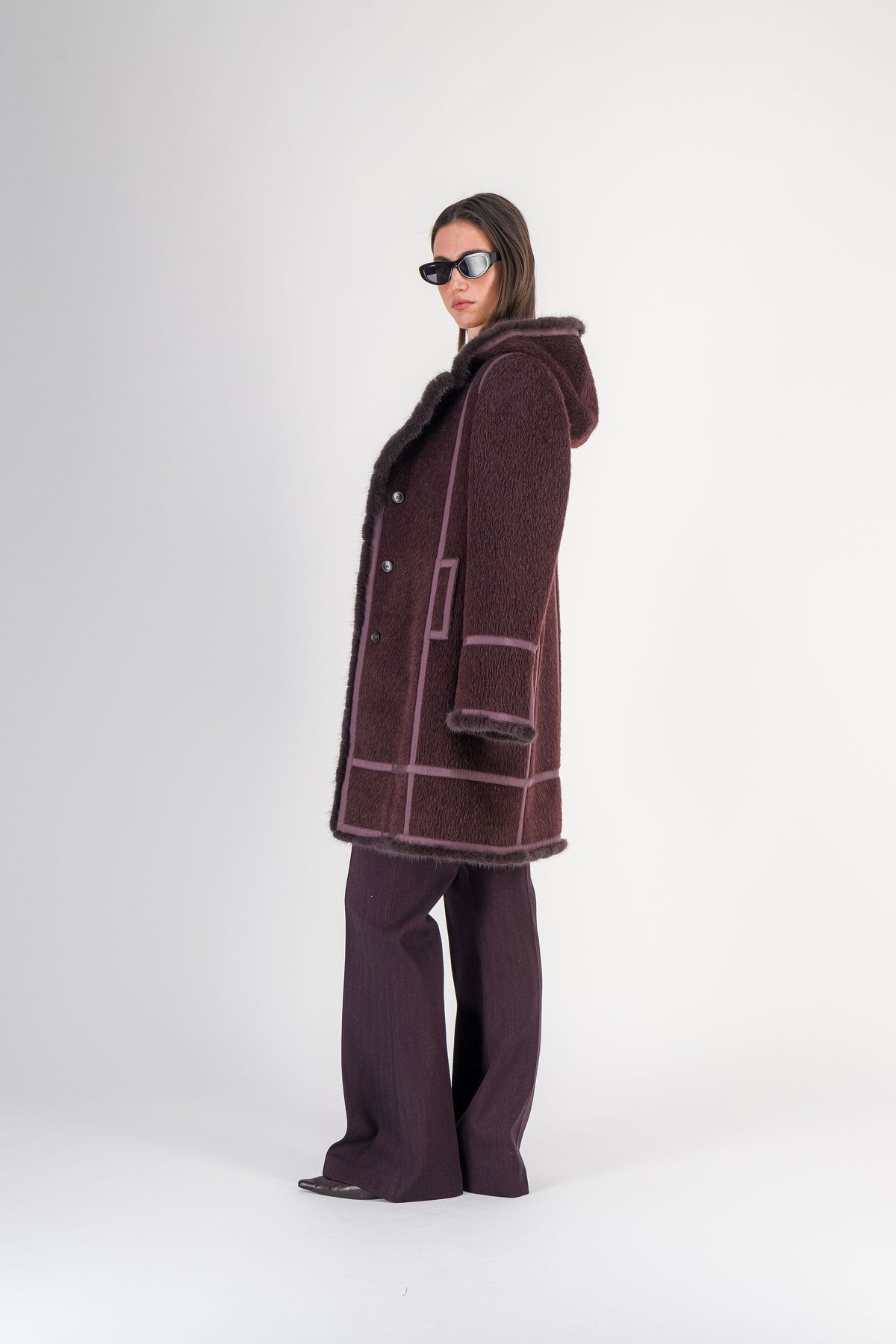 Manteau mi-long à capuche en alpaga et laine grenat
