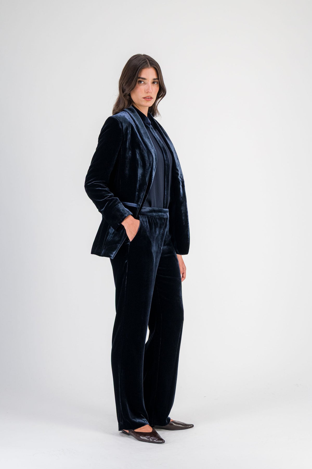 Chemise bi-matière soie et velours marine