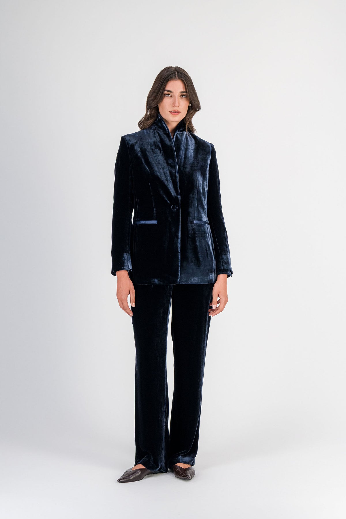 Pantalon évasé en velours de soie marine