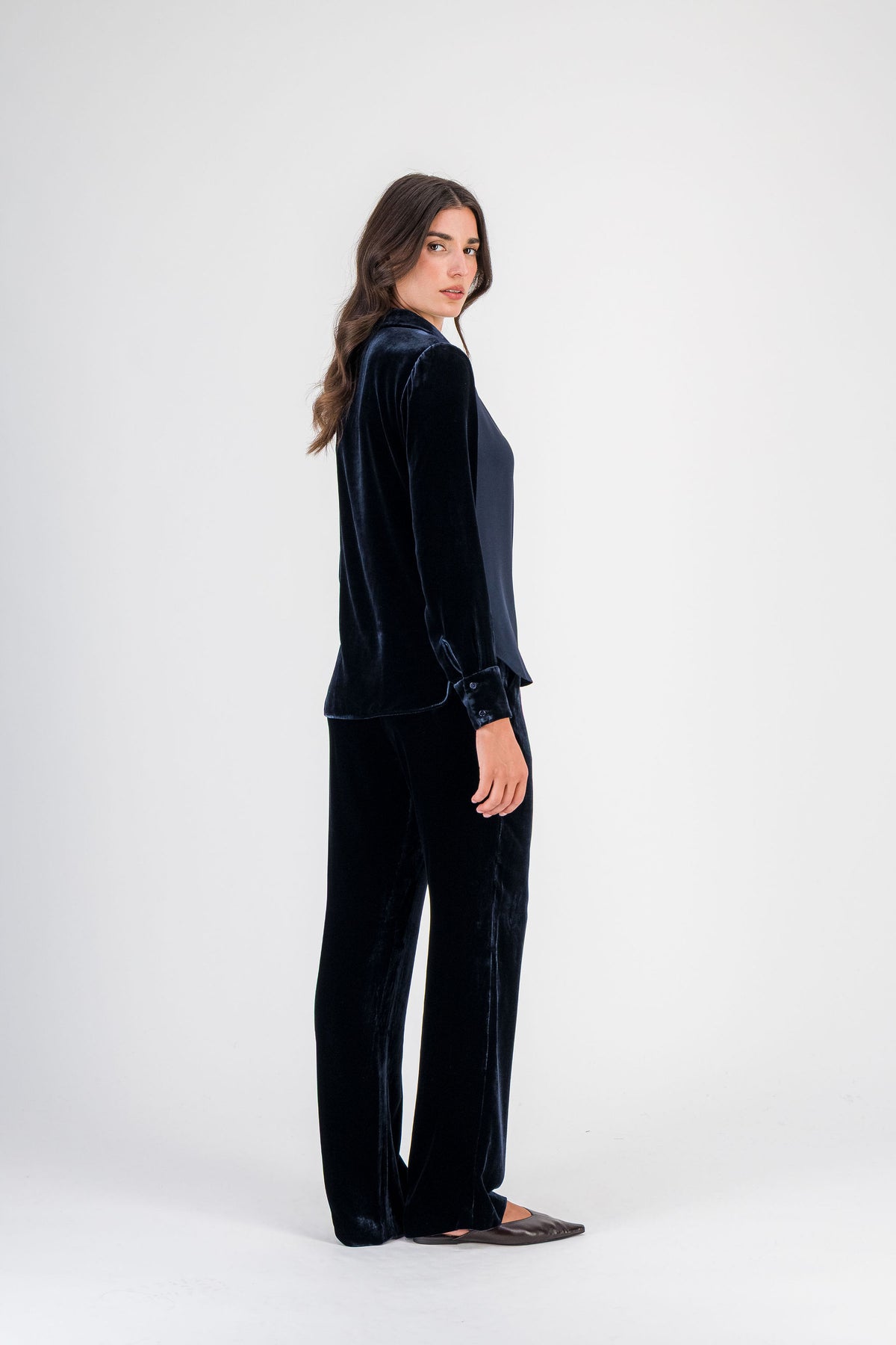 Chemise bi-matière soie et velours marine