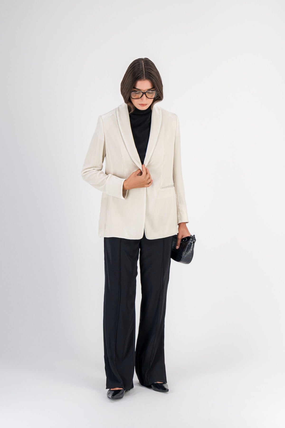 Blazer long en velours de soie beton
