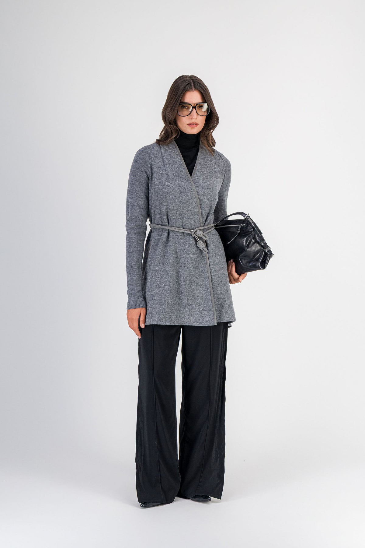 Manteau bi-matière laine bouillie et maille gris moyen