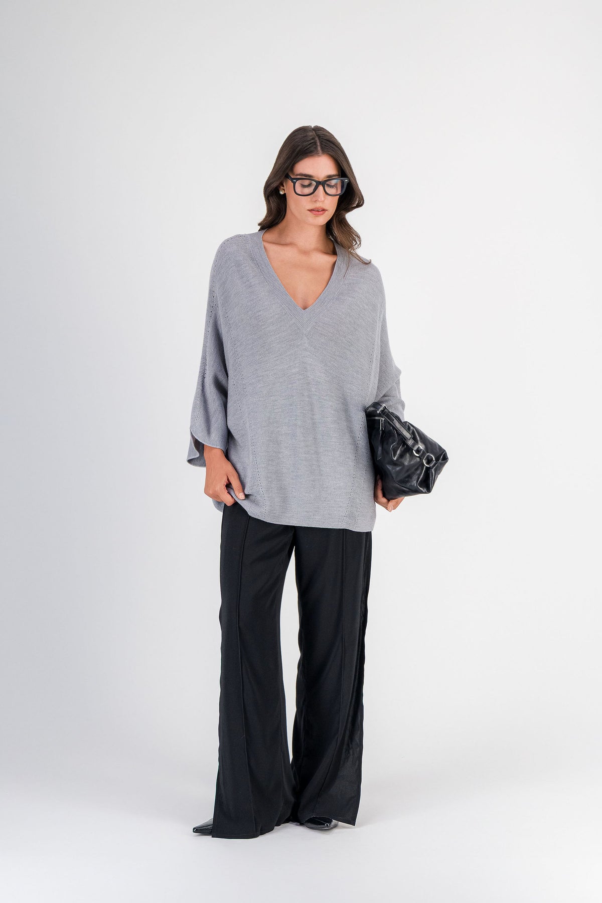 Pull ample en mérinos gris moyen
