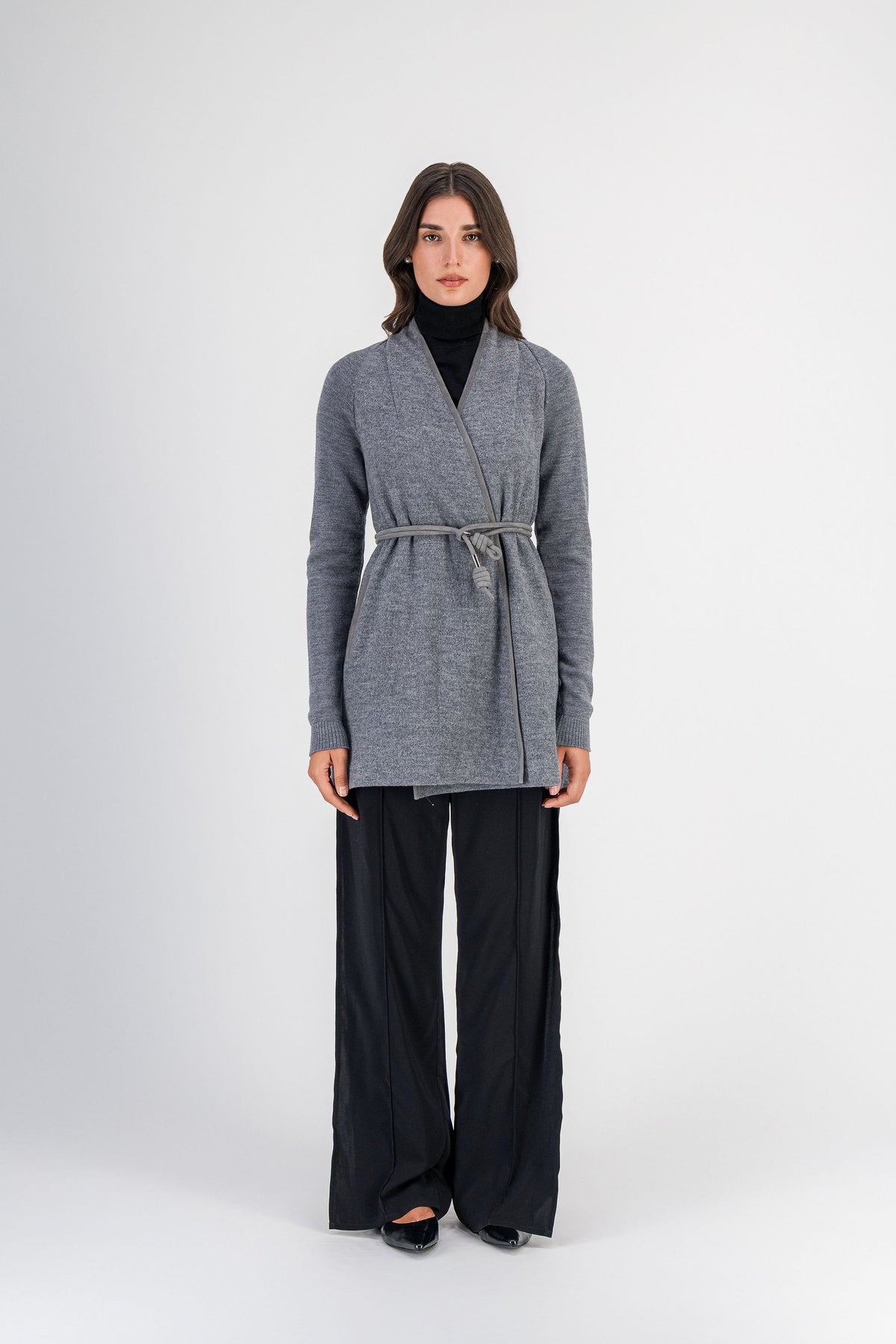 Manteau bi-matière laine bouillie et maille gris moyen