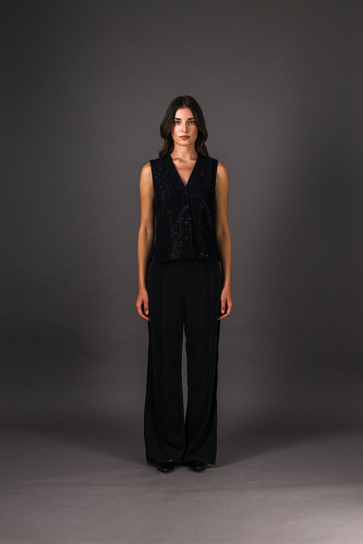 Gilet pailleté sans manches col V noir
