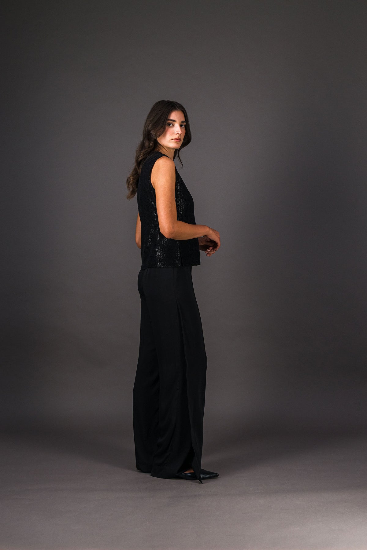 Gilet pailleté sans manches col V noir