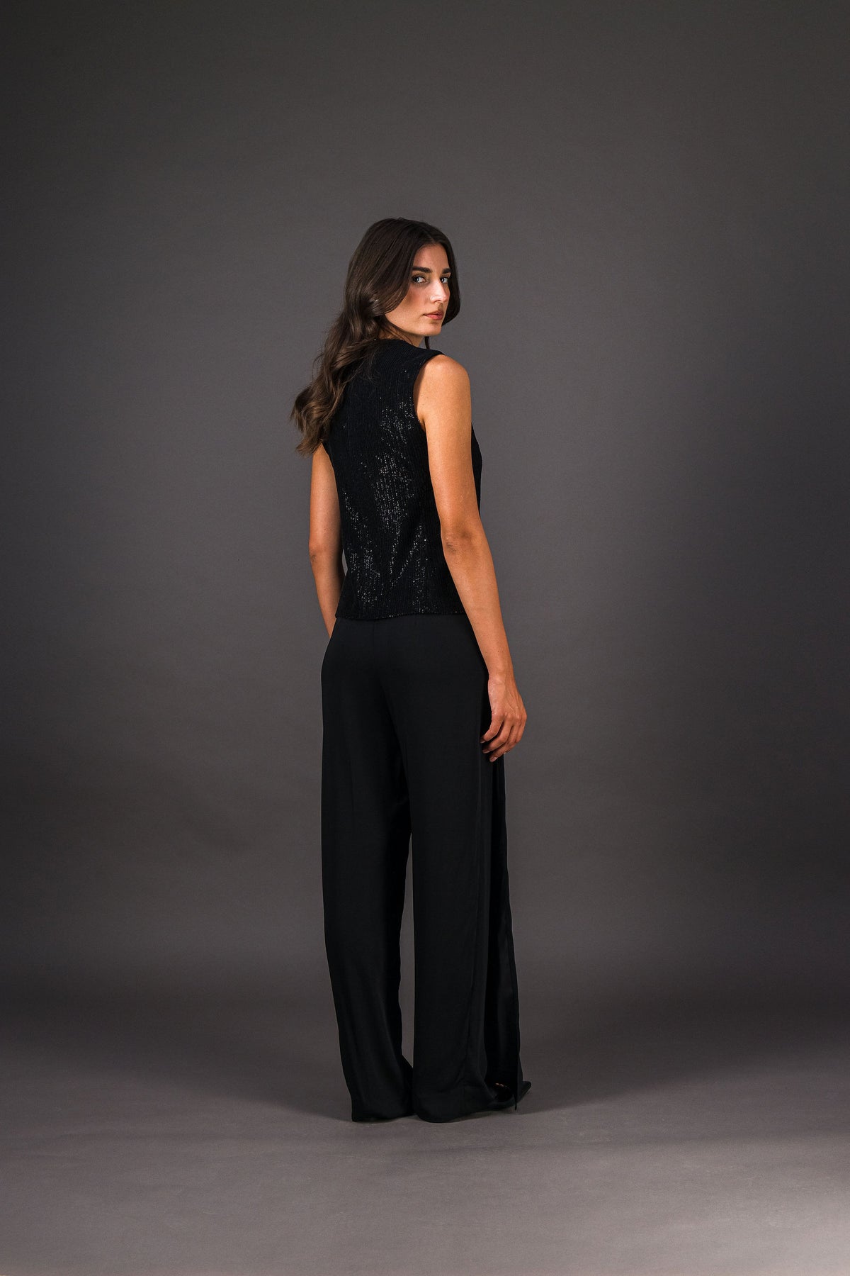Gilet pailleté sans manches col V noir