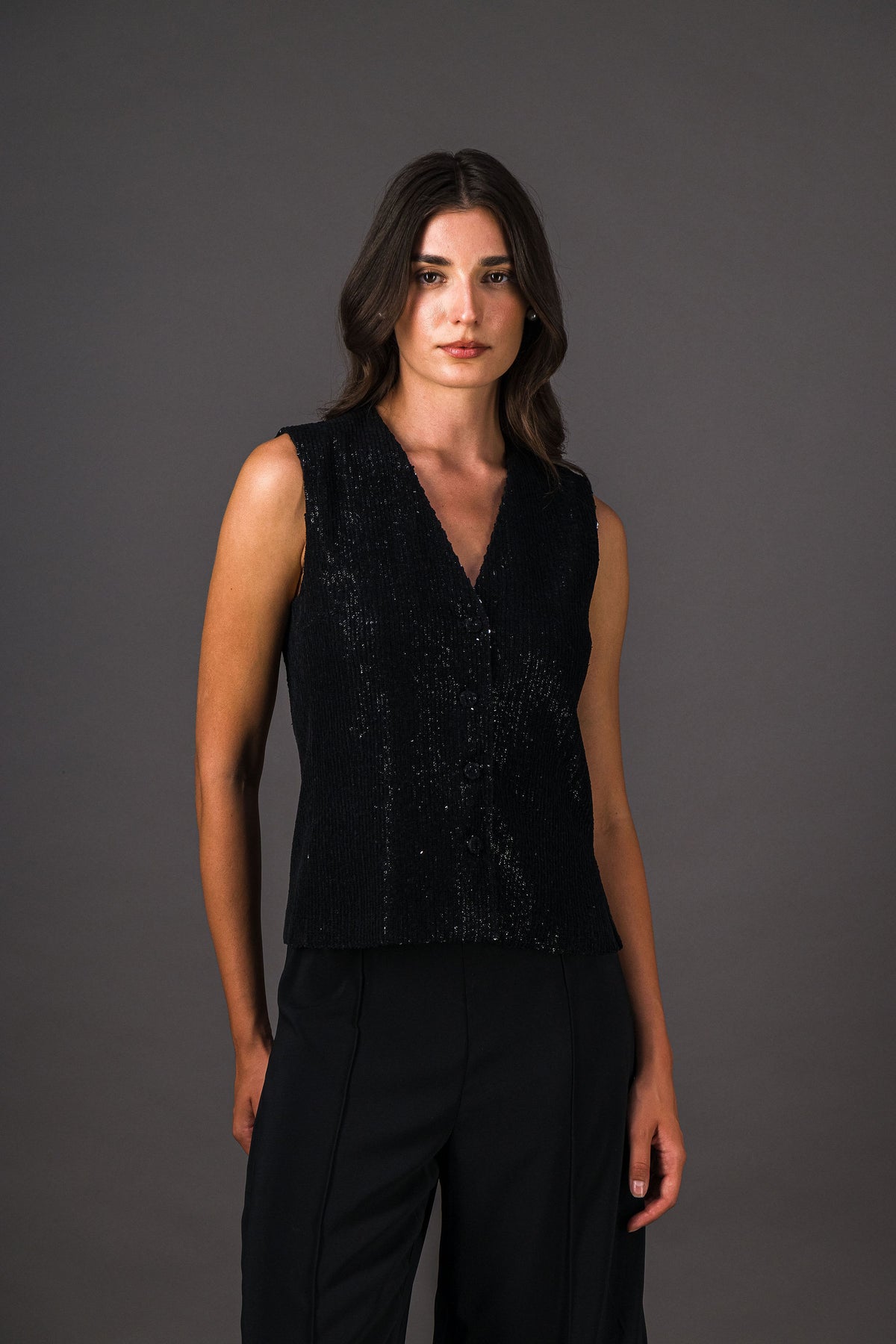 Gilet pailleté sans manches col V noir