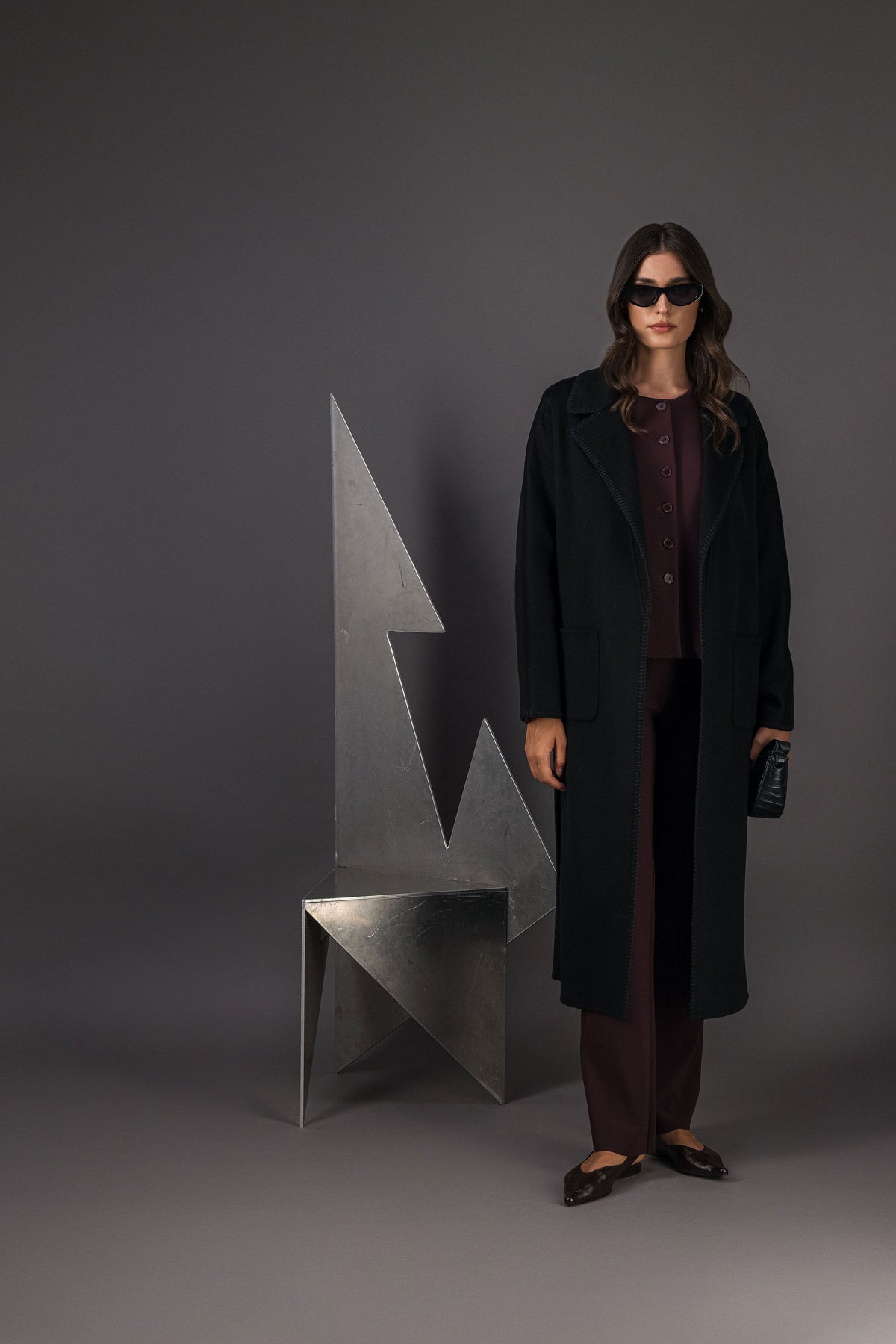 Manteau long oversize en laine et cachemire noir