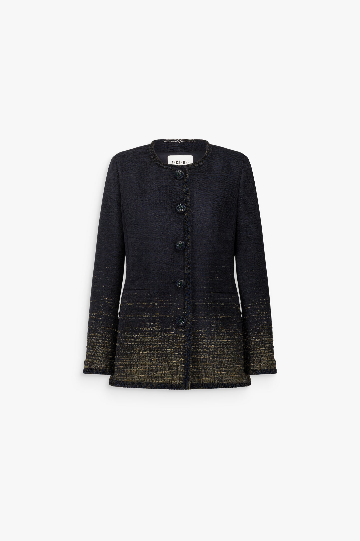 Veste légèrement cintrée en tweed marine, à col rond, galons tressés, poches passepoilées et fentes boutonnées en bas de manches.