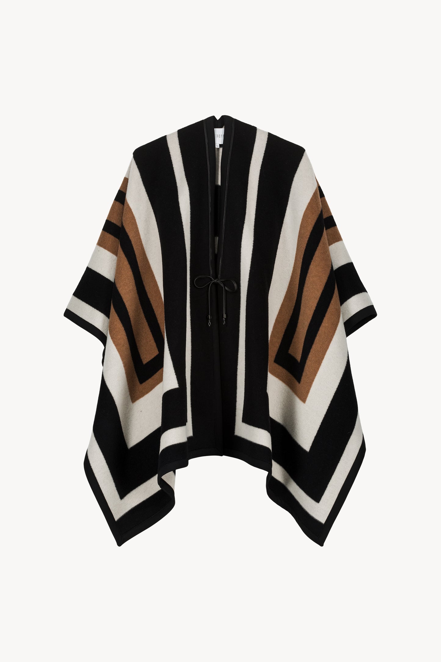 Cape graphique multicolore, confectionnée en cachemire et laine, finitions cuir, style oversize