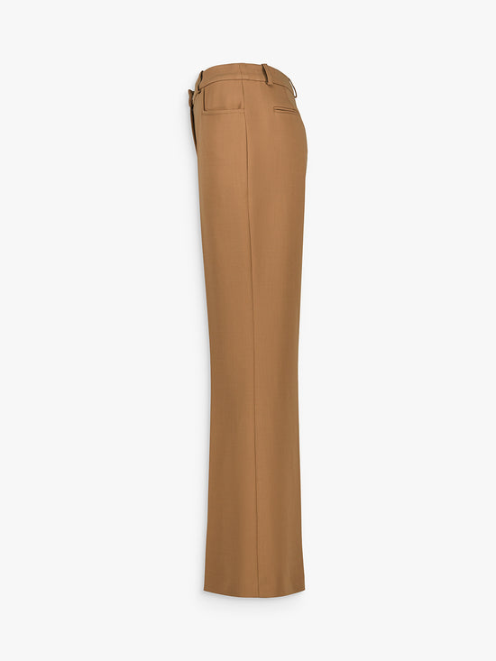 Pantalon évasé à plis en laine camel, coupe droite