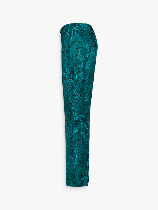Pantalon fluide à imprimé paisley vert avec taille élastique et cordons ressarable
