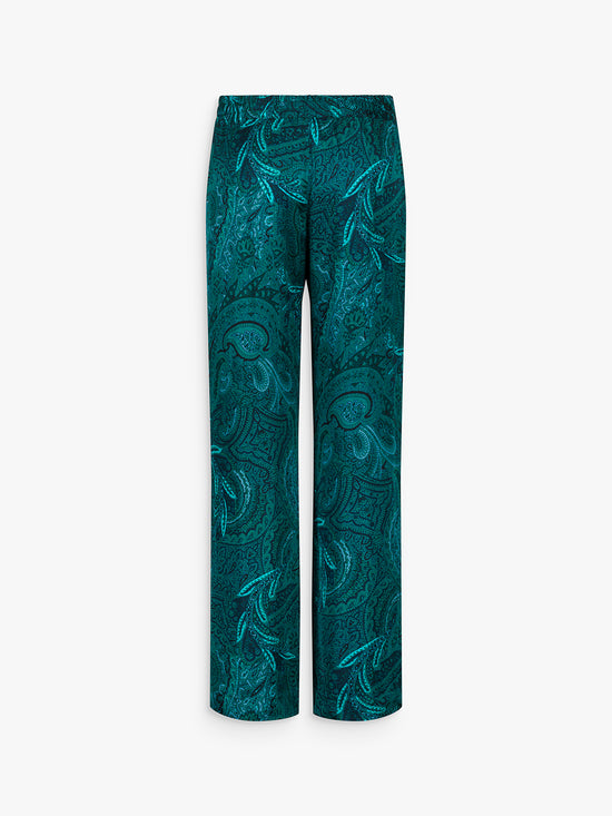 Pantalon fluide à imprimé paisley vert avec taille élastique et cordons ressarable
