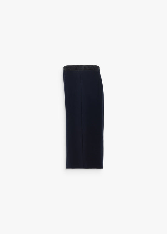Jupe crayon bi-matière marine avec fentes arrière et détail bord daim noir