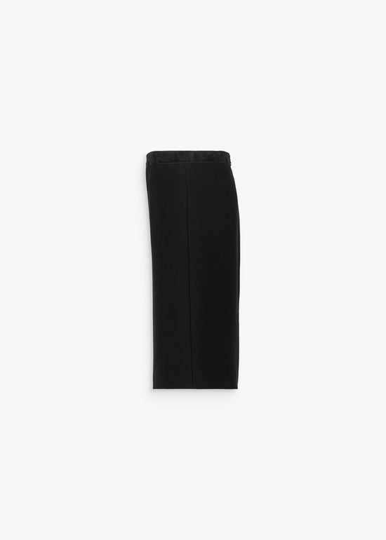 Jupe crayon bi-matière noir avec fentes arrière et détail bord daim noir