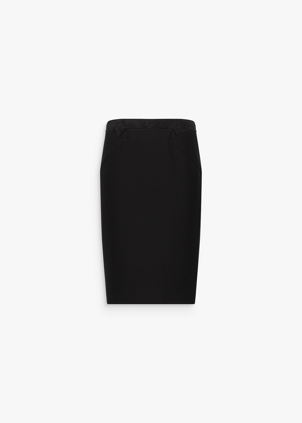 Jupe crayon bi-matière noir avec fentes arrière et détail bord daim noir