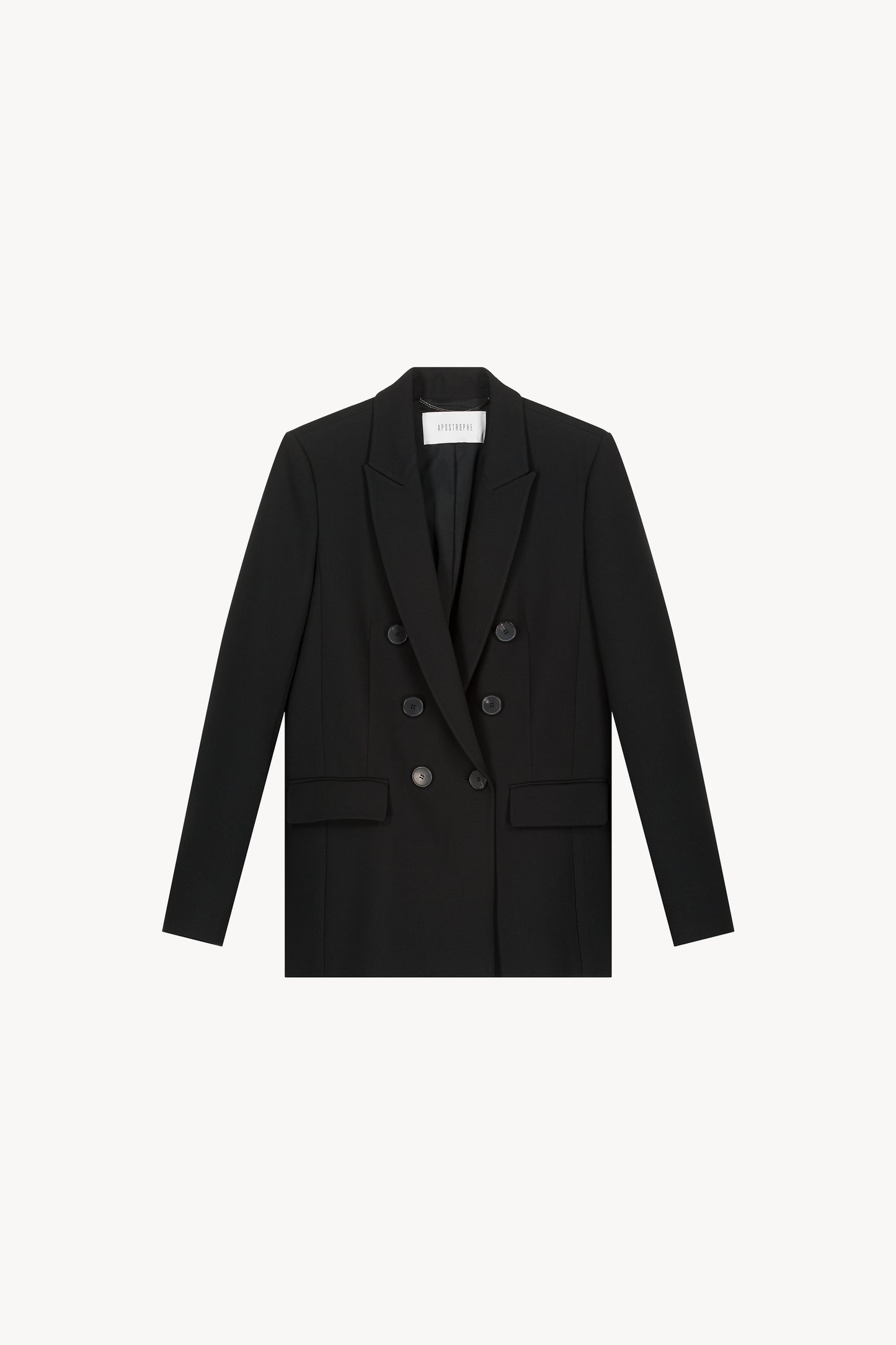 Blazer croisé noir avec six boutons et poches plaquées.