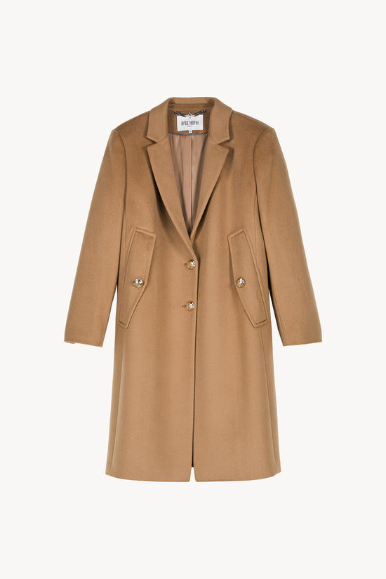 Manteau long camel à col tailleur, orné de boutons dorés et de poches plaquées avec rabat.