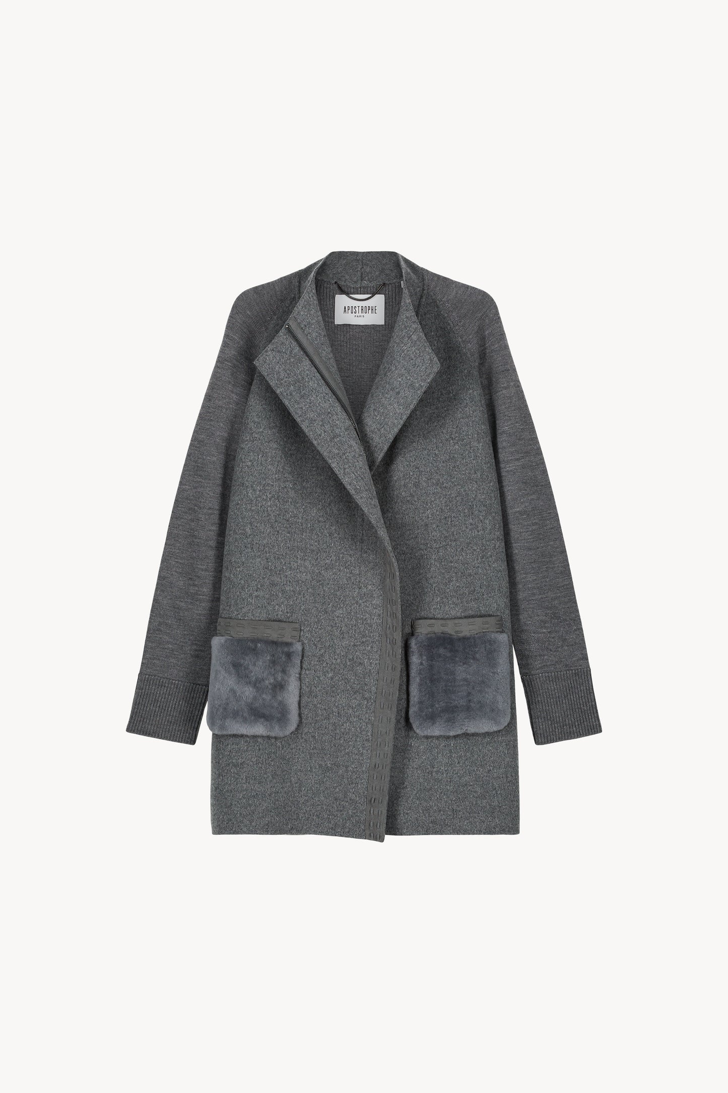 Manteau mi-saison laine cachemire poche peau lainée gris