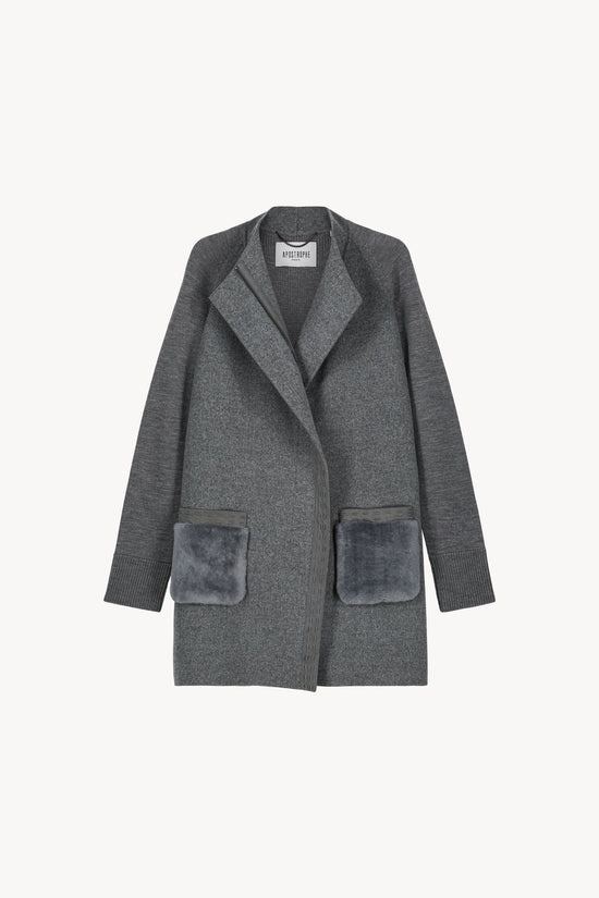 Manteau mi-saison laine cachemire poche peau lainée gris