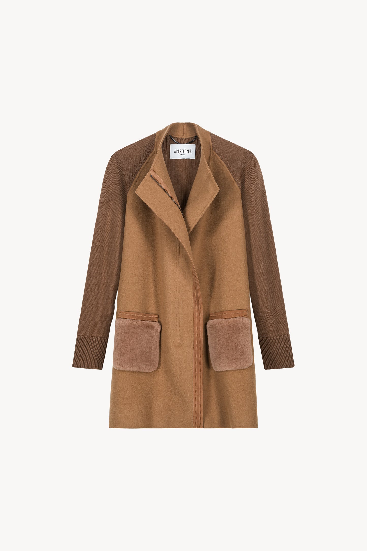 Manteau bi-matière structuré en laine/cachemire avec empiècements en maille dos et manches.