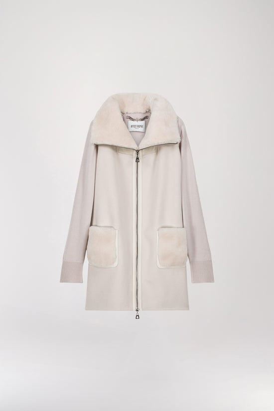 Beige mid-season coat with trucker collar