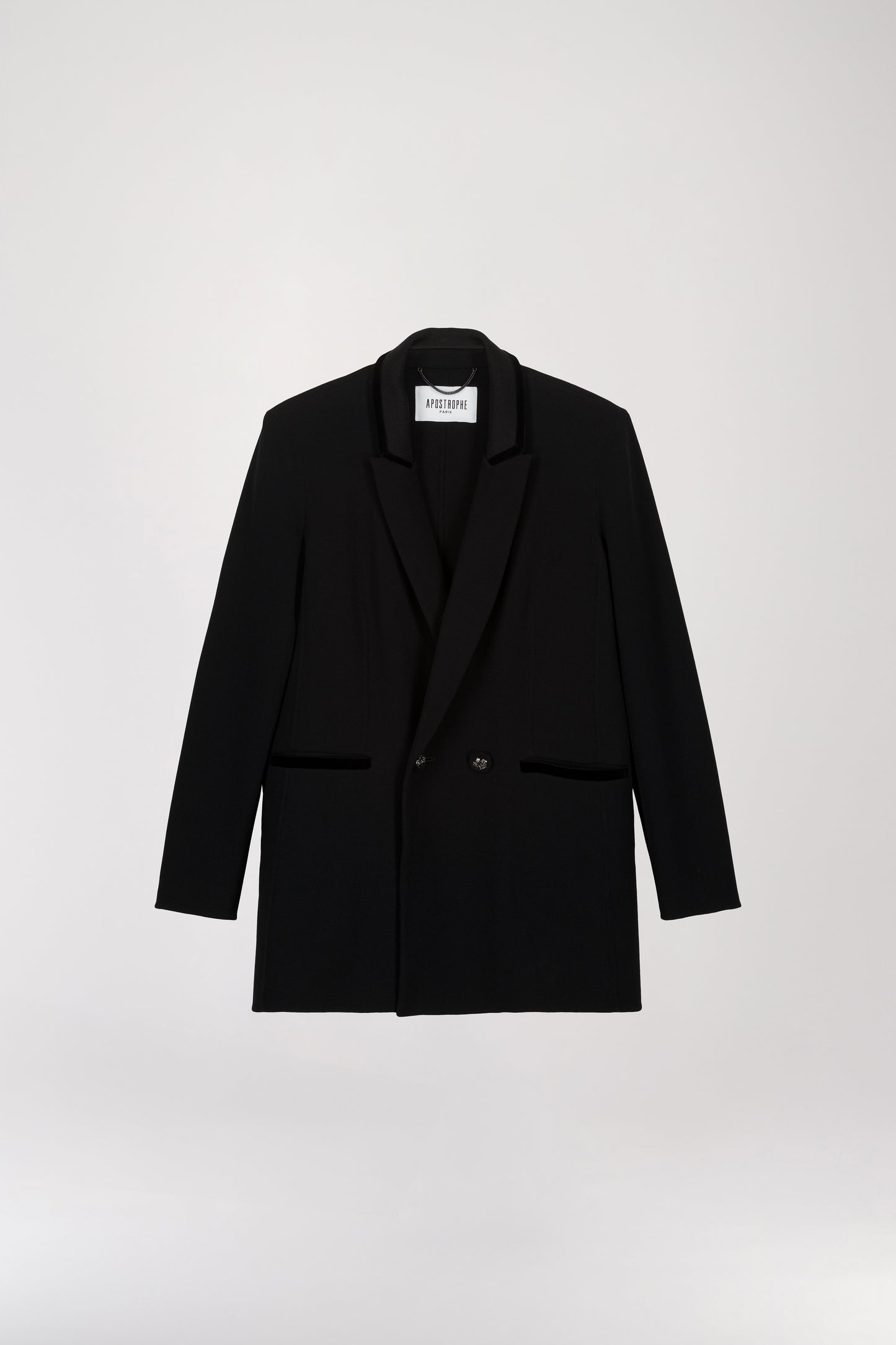 Long black wool double-breasted jacket