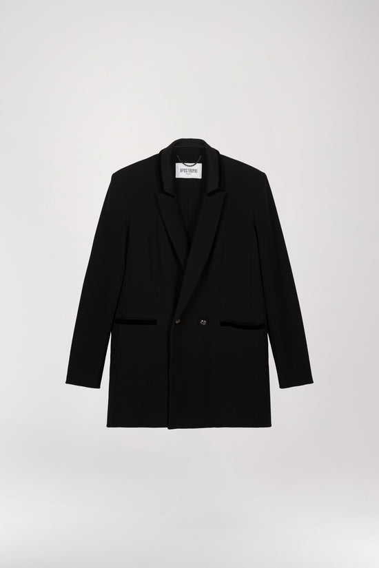 Long black wool double-breasted jacket