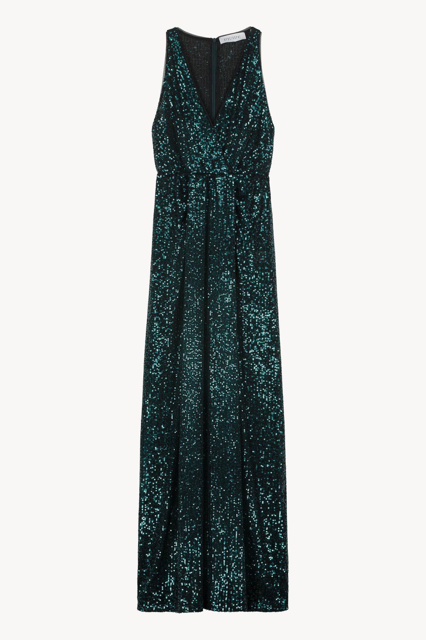 Robe longue à sequins avec décolleté en V et coupe croisée. Fente latérale gauche