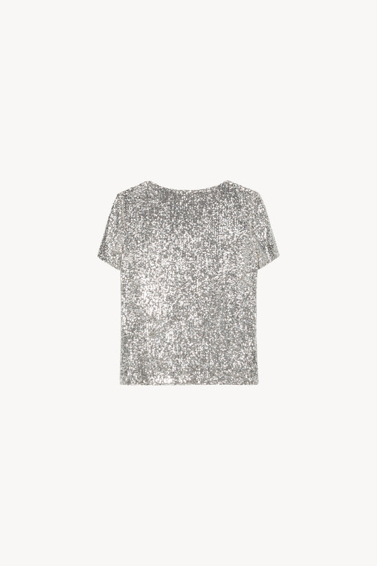 T-shirt col rond avec manches courtes et sequins argenté